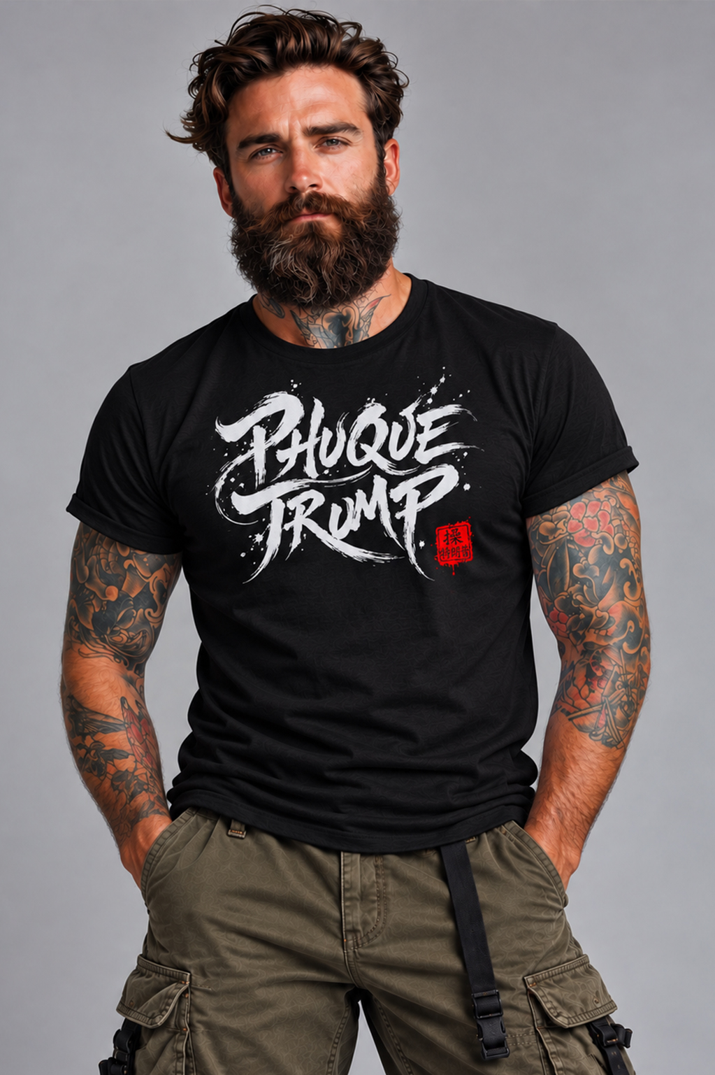 Man wearing black PHUQUE TRUMP shirt