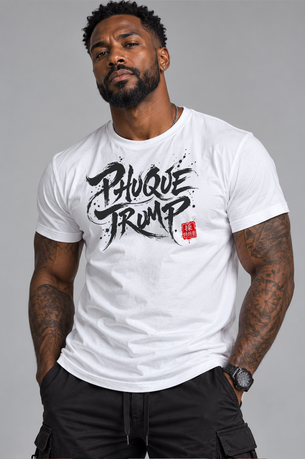 Man wearing white PHUQUE TRUMP shirt