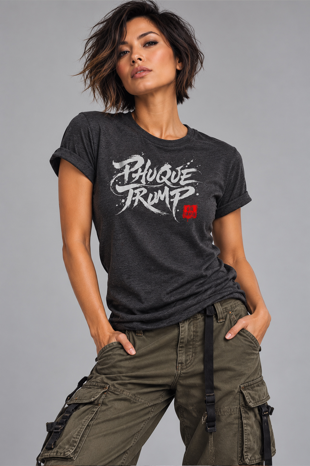 Woman wearing charcoal PHUQUE TRUMP shirt